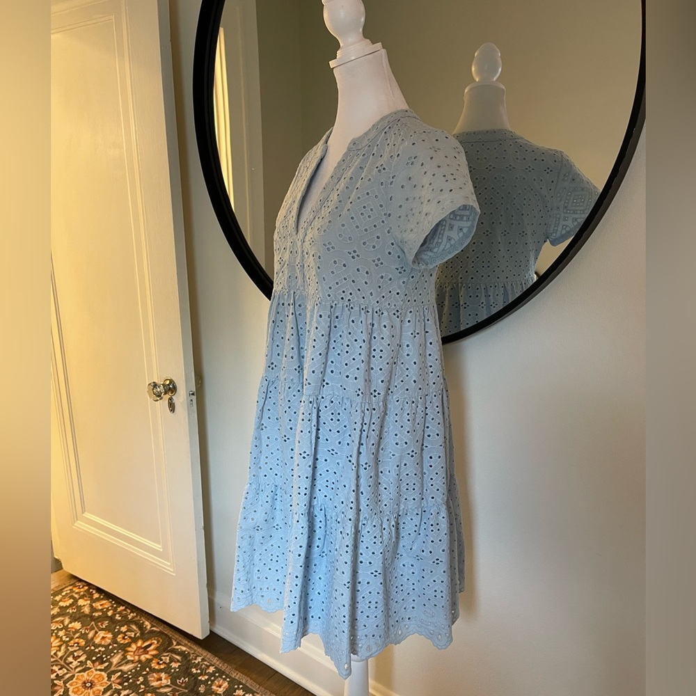 Blue Eyelet Tiered V-Neck Women's Dress - Picture 4 of 8